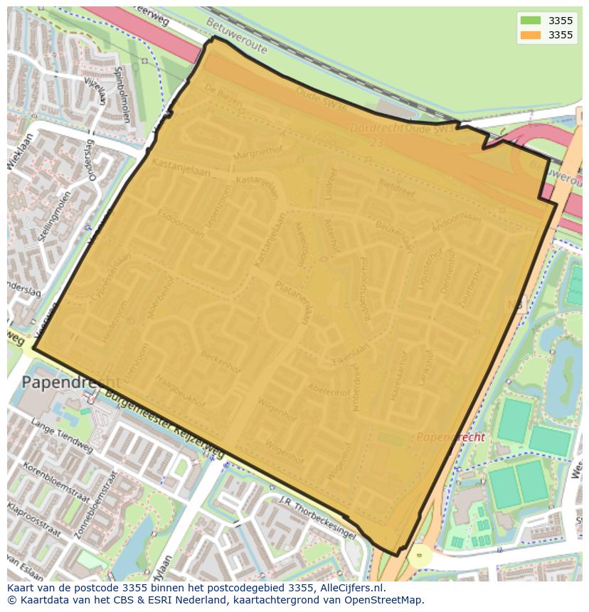 Afbeelding van het postcodegebied 3355 op de kaart.