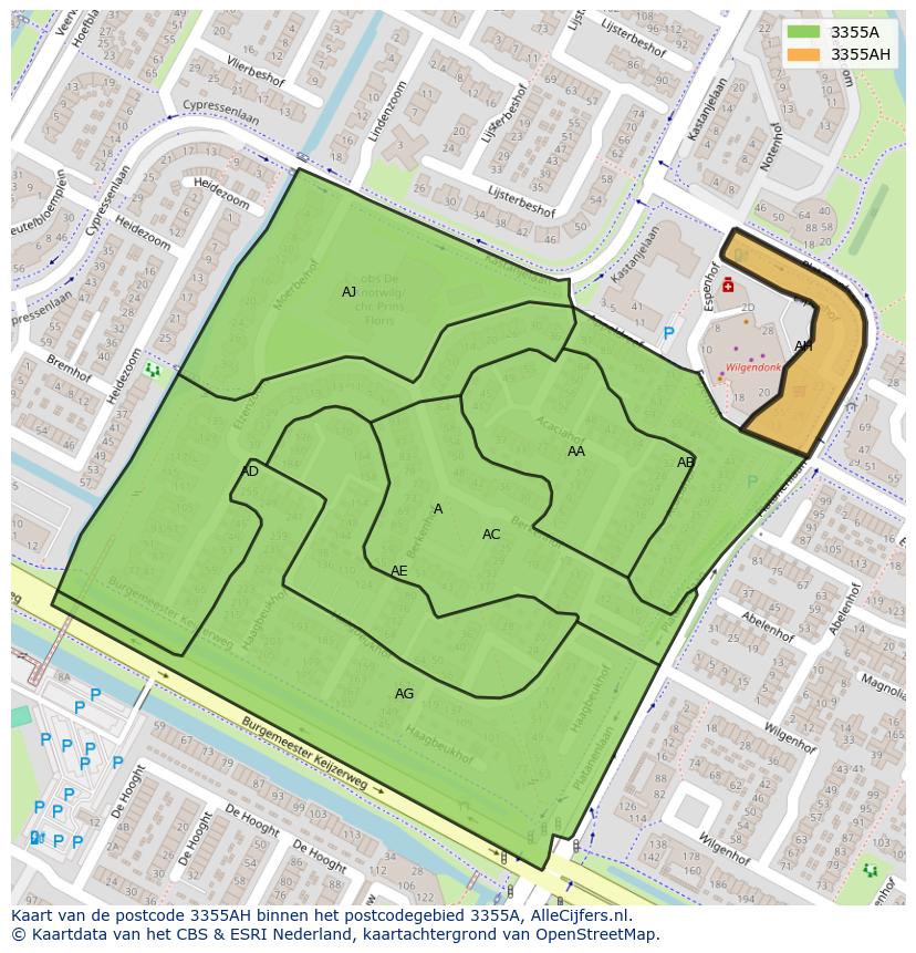 Afbeelding van het postcodegebied 3355 AH op de kaart.