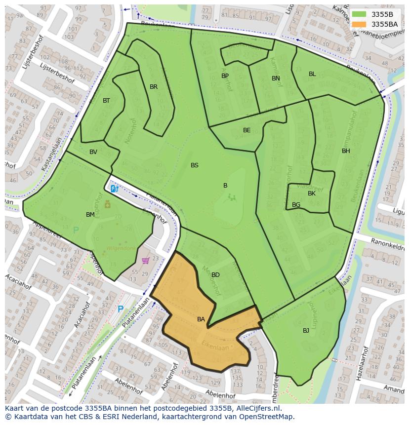 Afbeelding van het postcodegebied 3355 BA op de kaart.