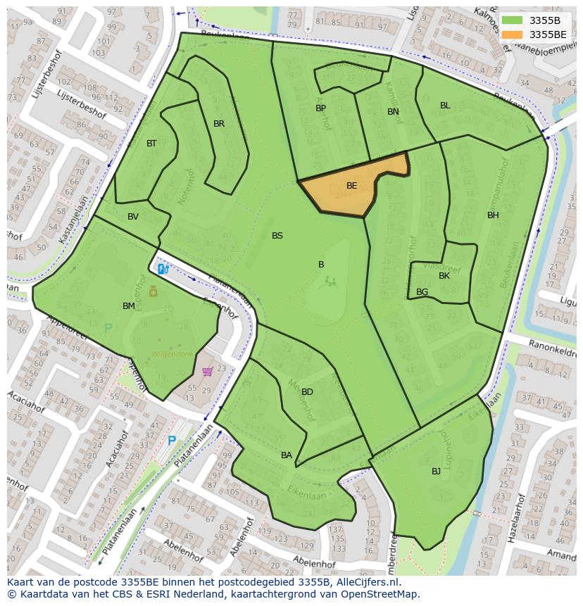 Afbeelding van het postcodegebied 3355 BE op de kaart.