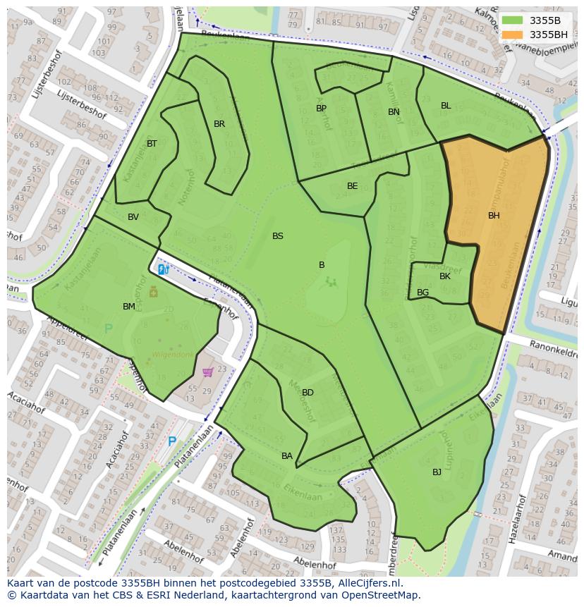 Afbeelding van het postcodegebied 3355 BH op de kaart.