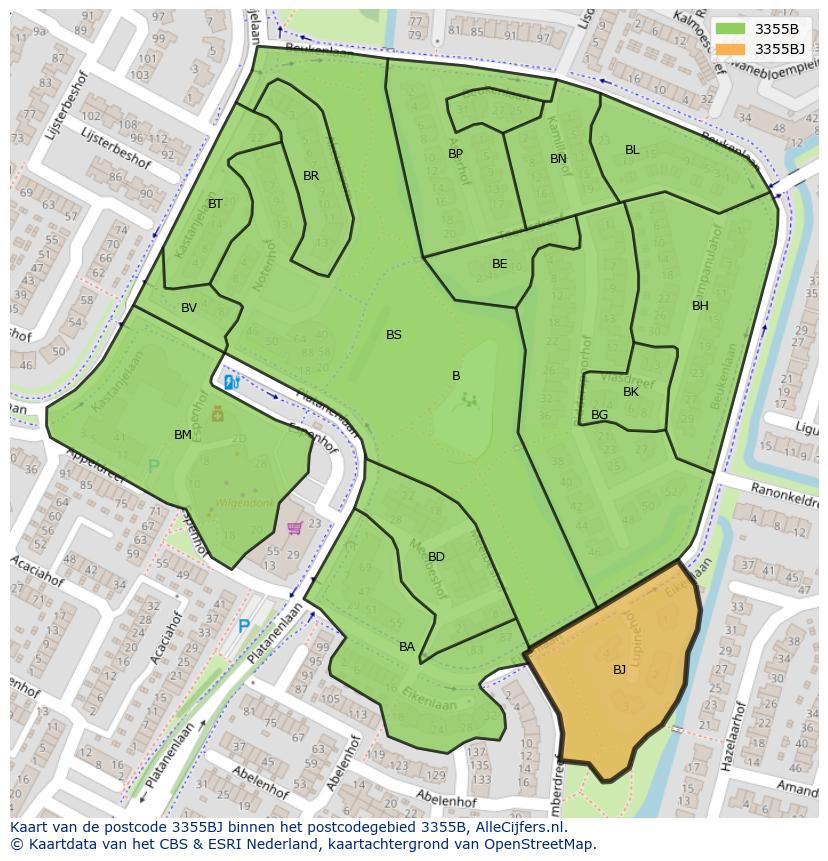 Afbeelding van het postcodegebied 3355 BJ op de kaart.