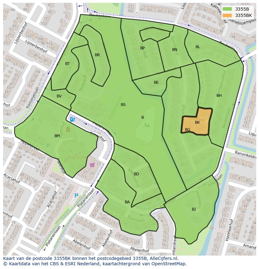 Afbeelding van het postcodegebied 3355 BK op de kaart.