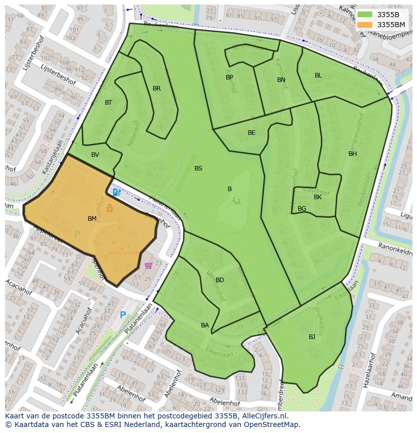 Afbeelding van het postcodegebied 3355 BM op de kaart.