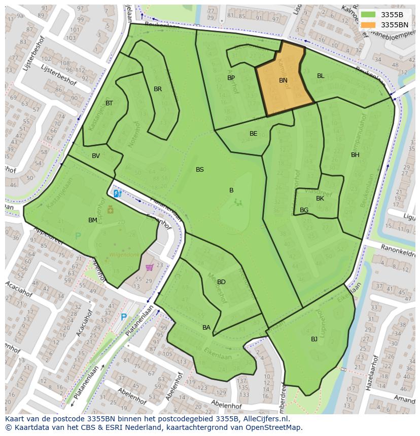 Afbeelding van het postcodegebied 3355 BN op de kaart.
