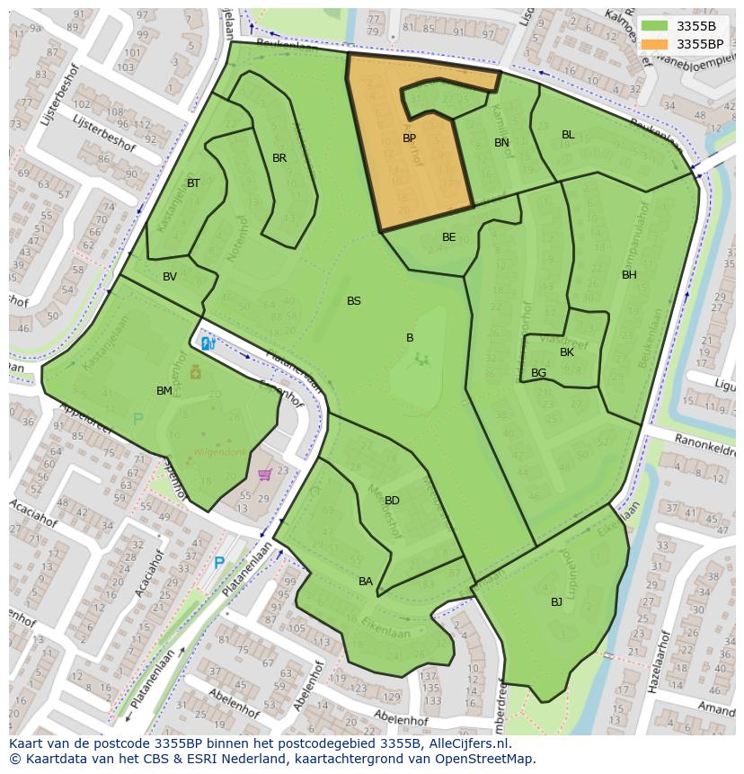 Afbeelding van het postcodegebied 3355 BP op de kaart.