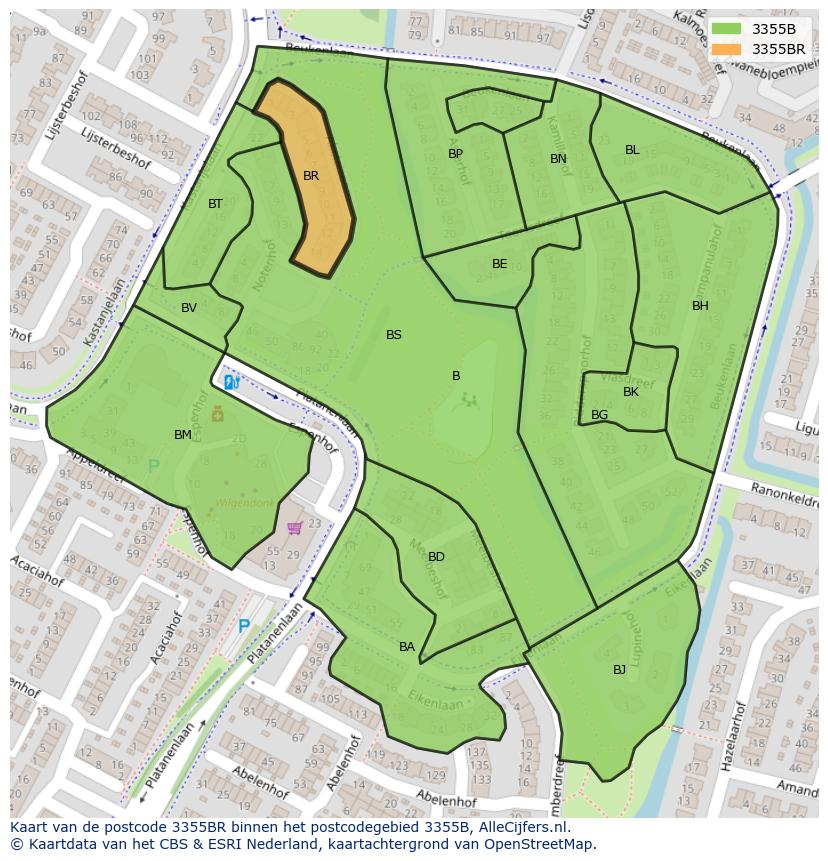 Afbeelding van het postcodegebied 3355 BR op de kaart.