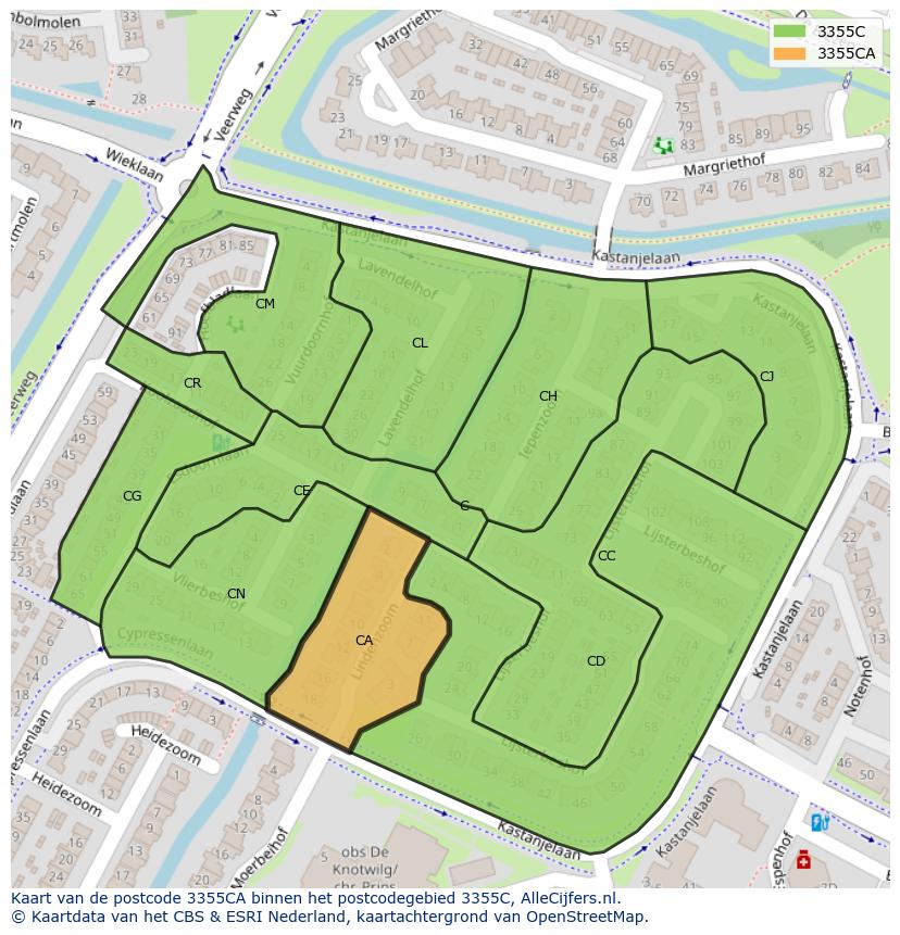 Afbeelding van het postcodegebied 3355 CA op de kaart.