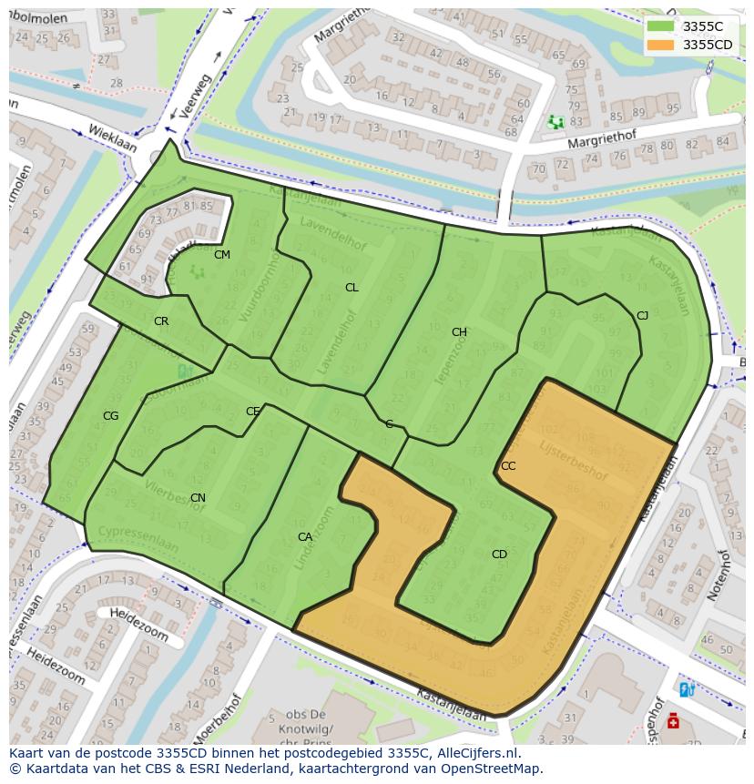 Afbeelding van het postcodegebied 3355 CD op de kaart.