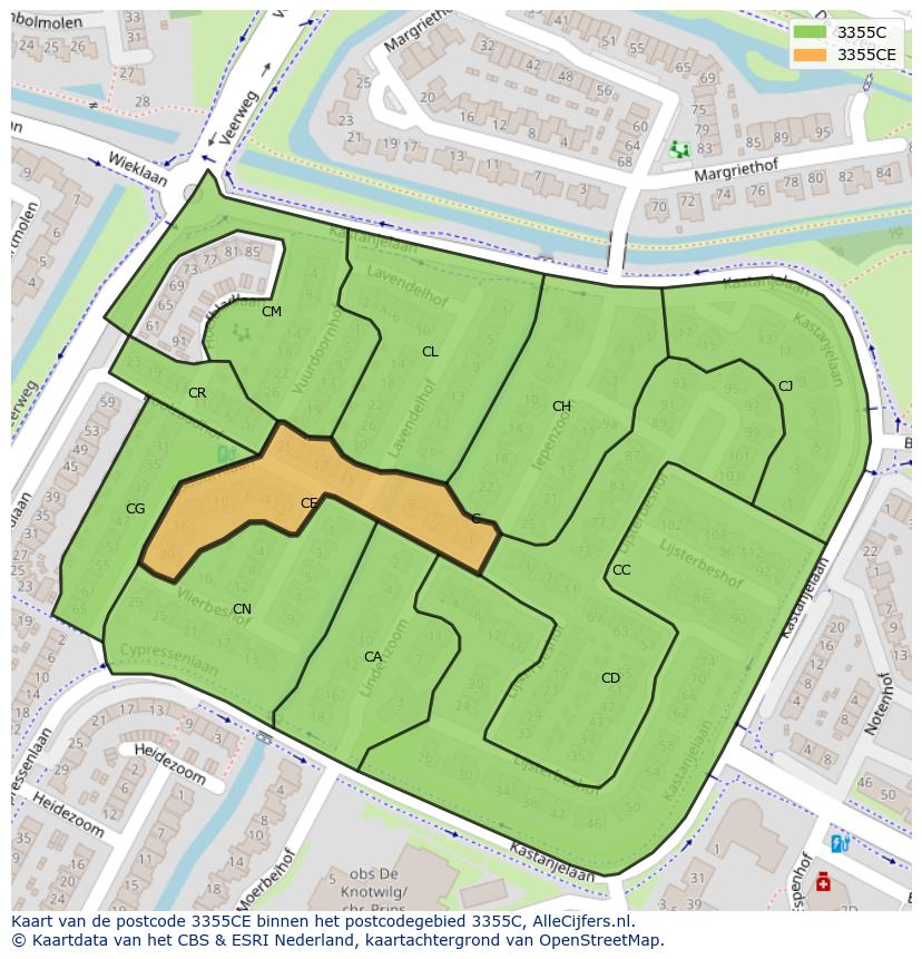 Afbeelding van het postcodegebied 3355 CE op de kaart.
