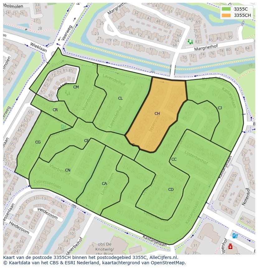 Afbeelding van het postcodegebied 3355 CH op de kaart.