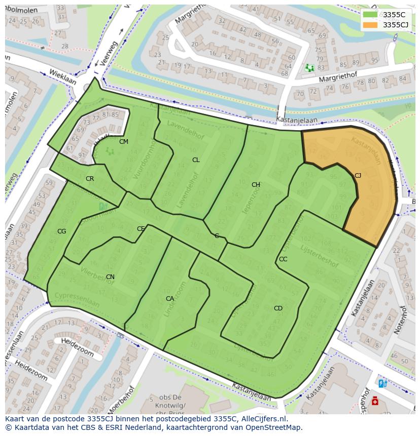 Afbeelding van het postcodegebied 3355 CJ op de kaart.