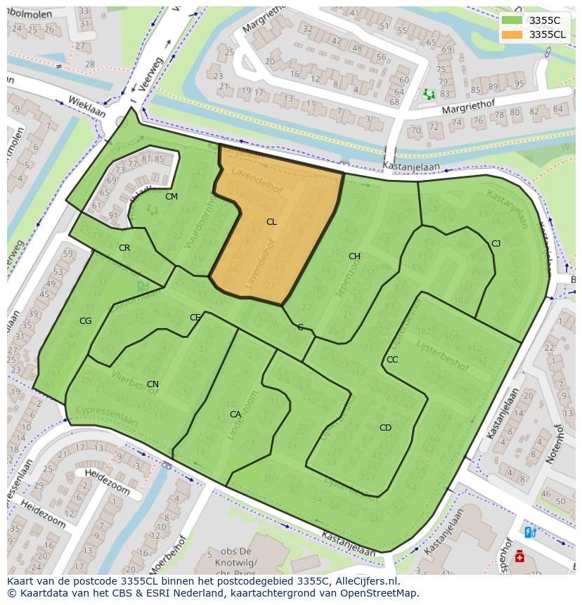 Afbeelding van het postcodegebied 3355 CL op de kaart.