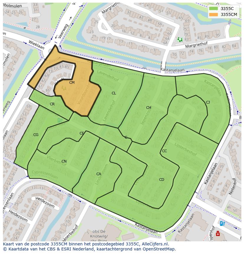Afbeelding van het postcodegebied 3355 CM op de kaart.
