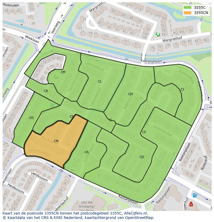 Afbeelding van het postcodegebied 3355 CN op de kaart.