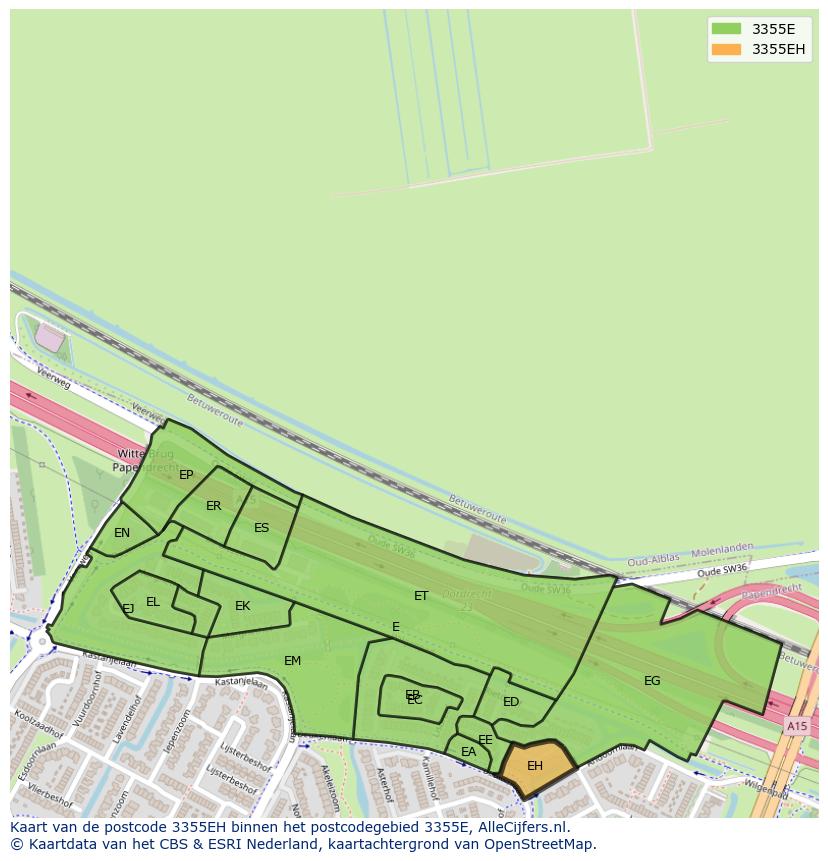 Afbeelding van het postcodegebied 3355 EH op de kaart.