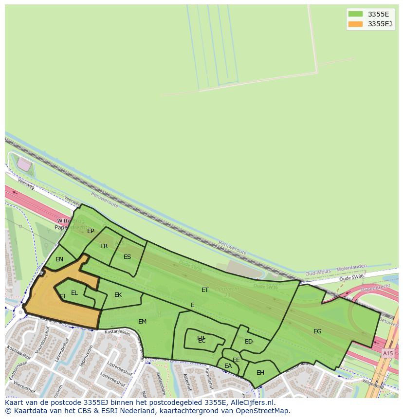 Afbeelding van het postcodegebied 3355 EJ op de kaart.