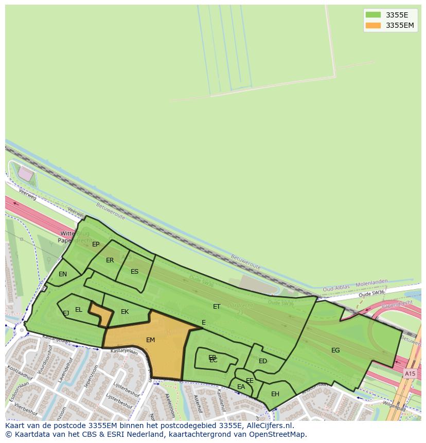 Afbeelding van het postcodegebied 3355 EM op de kaart.