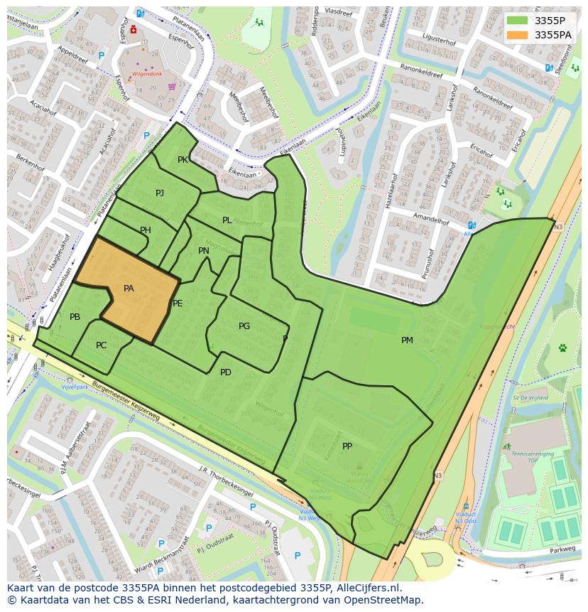Afbeelding van het postcodegebied 3355 PA op de kaart.