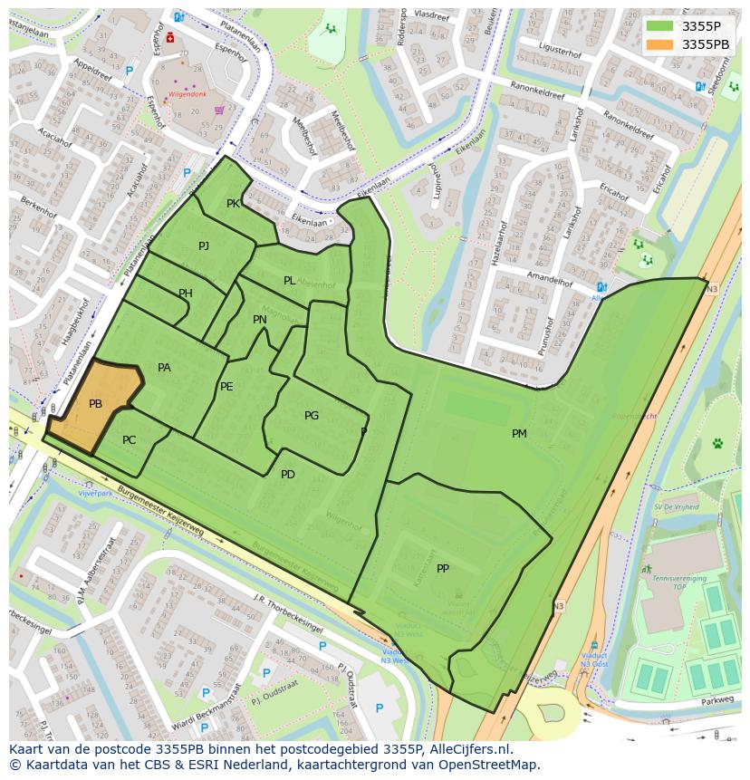 Afbeelding van het postcodegebied 3355 PB op de kaart.