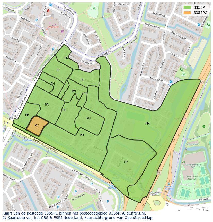 Afbeelding van het postcodegebied 3355 PC op de kaart.