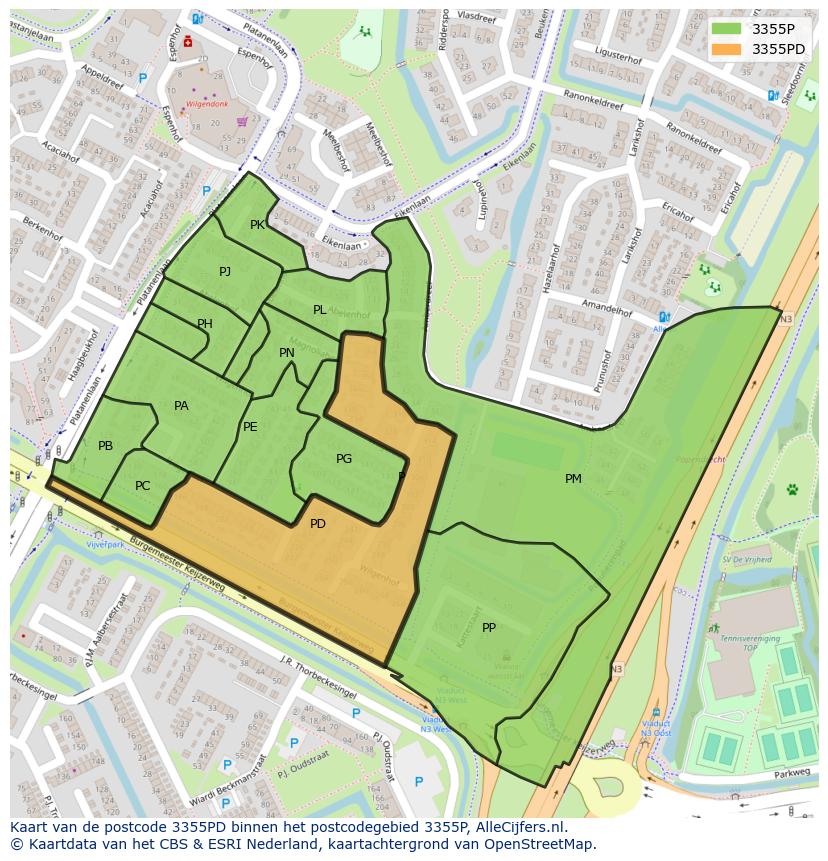 Afbeelding van het postcodegebied 3355 PD op de kaart.