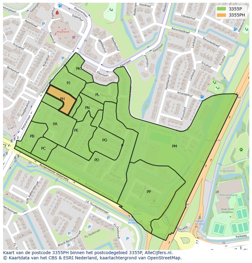 Afbeelding van het postcodegebied 3355 PH op de kaart.