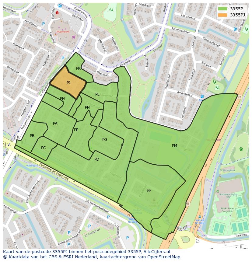 Afbeelding van het postcodegebied 3355 PJ op de kaart.