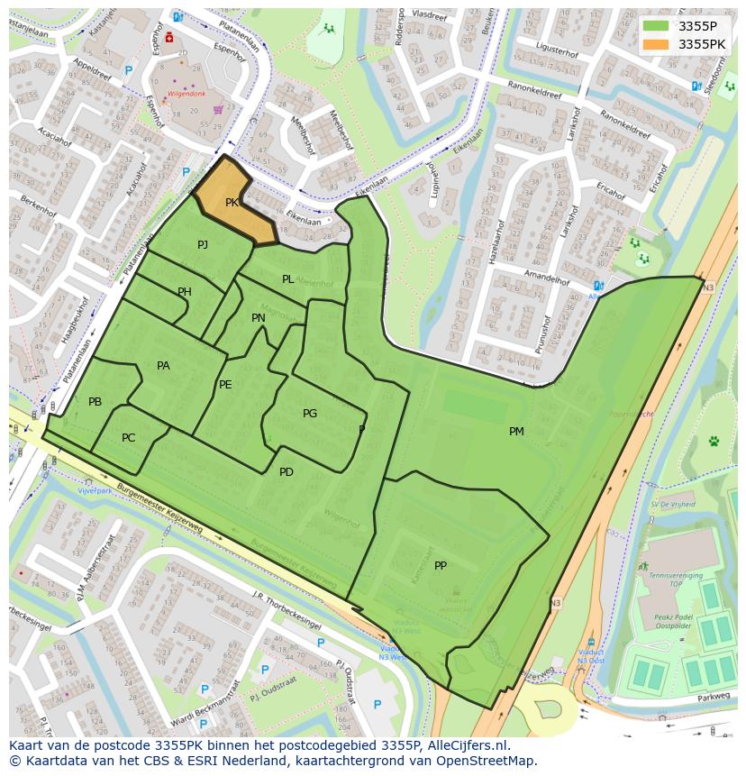 Afbeelding van het postcodegebied 3355 PK op de kaart.