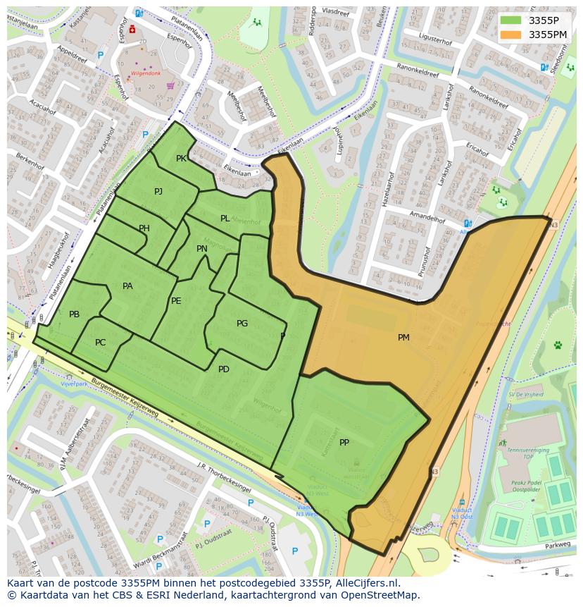 Afbeelding van het postcodegebied 3355 PM op de kaart.