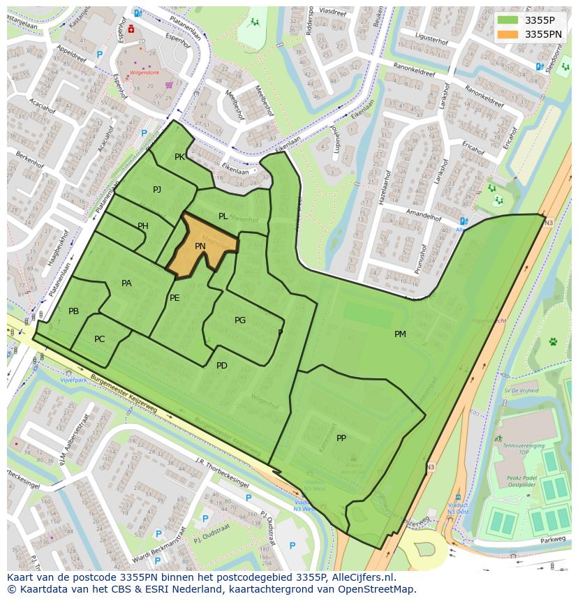Afbeelding van het postcodegebied 3355 PN op de kaart.
