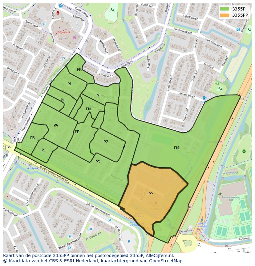 Afbeelding van het postcodegebied 3355 PP op de kaart.