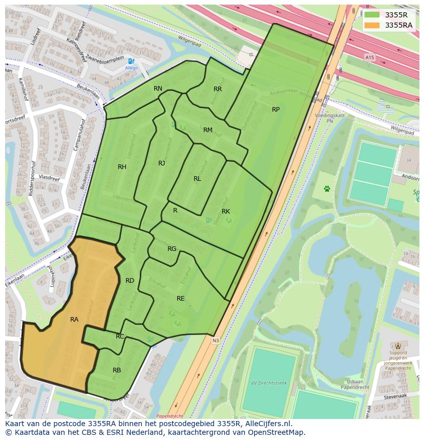 Afbeelding van het postcodegebied 3355 RA op de kaart.