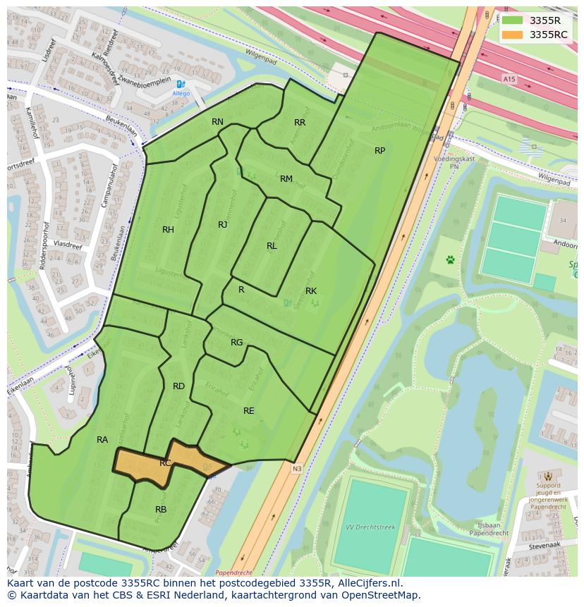 Afbeelding van het postcodegebied 3355 RC op de kaart.