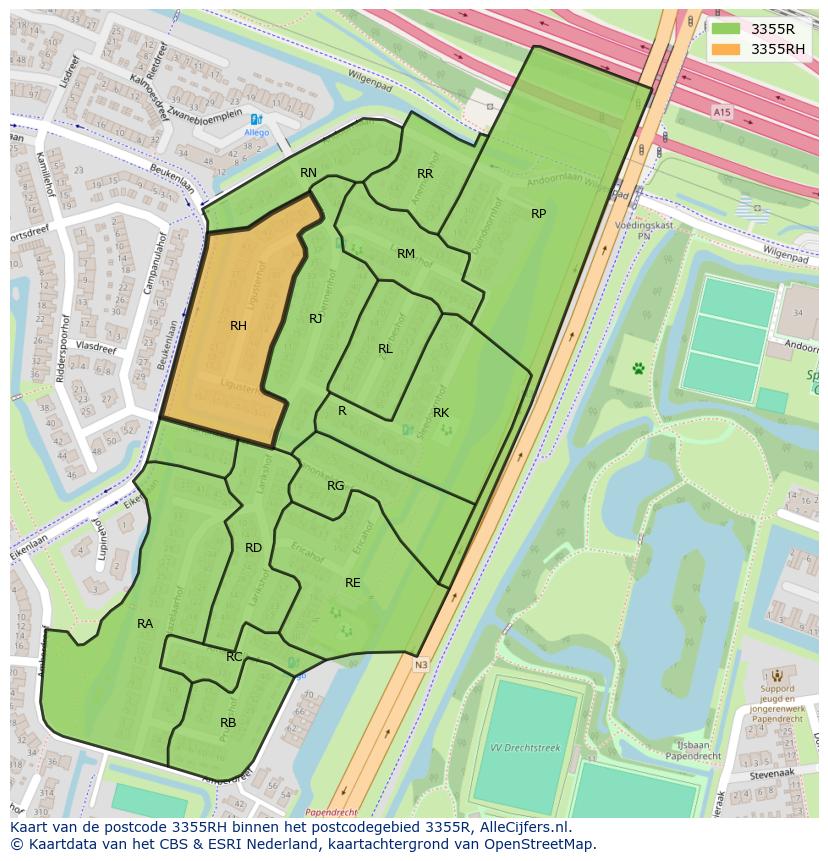 Afbeelding van het postcodegebied 3355 RH op de kaart.