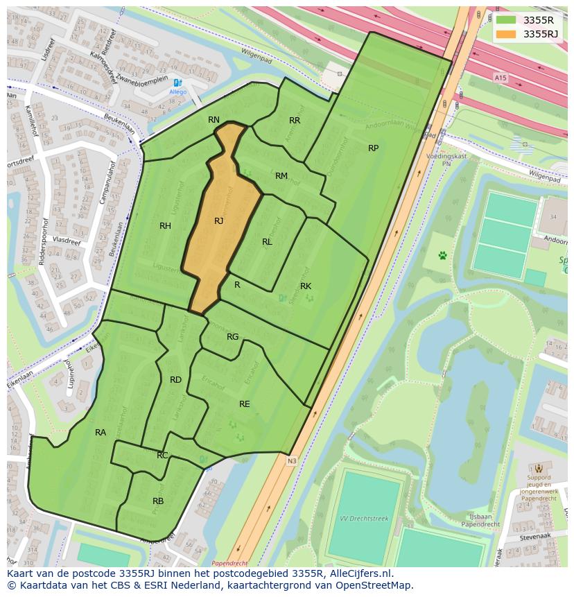 Afbeelding van het postcodegebied 3355 RJ op de kaart.