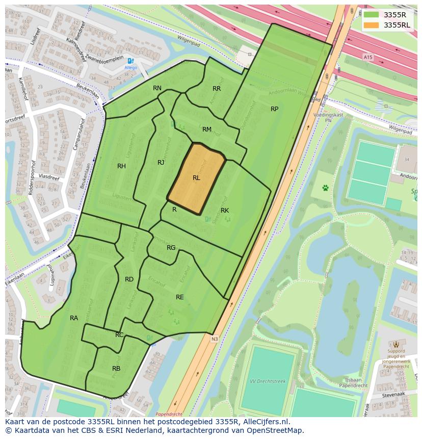 Afbeelding van het postcodegebied 3355 RL op de kaart.
