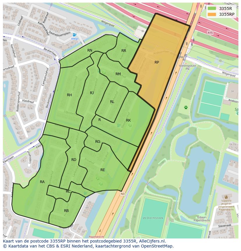 Afbeelding van het postcodegebied 3355 RP op de kaart.