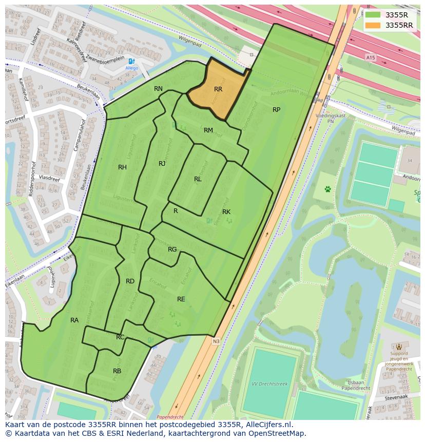 Afbeelding van het postcodegebied 3355 RR op de kaart.