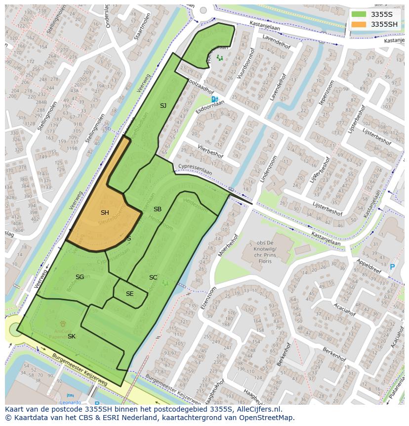 Afbeelding van het postcodegebied 3355 SH op de kaart.