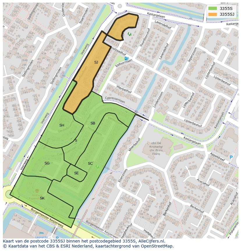 Afbeelding van het postcodegebied 3355 SJ op de kaart.