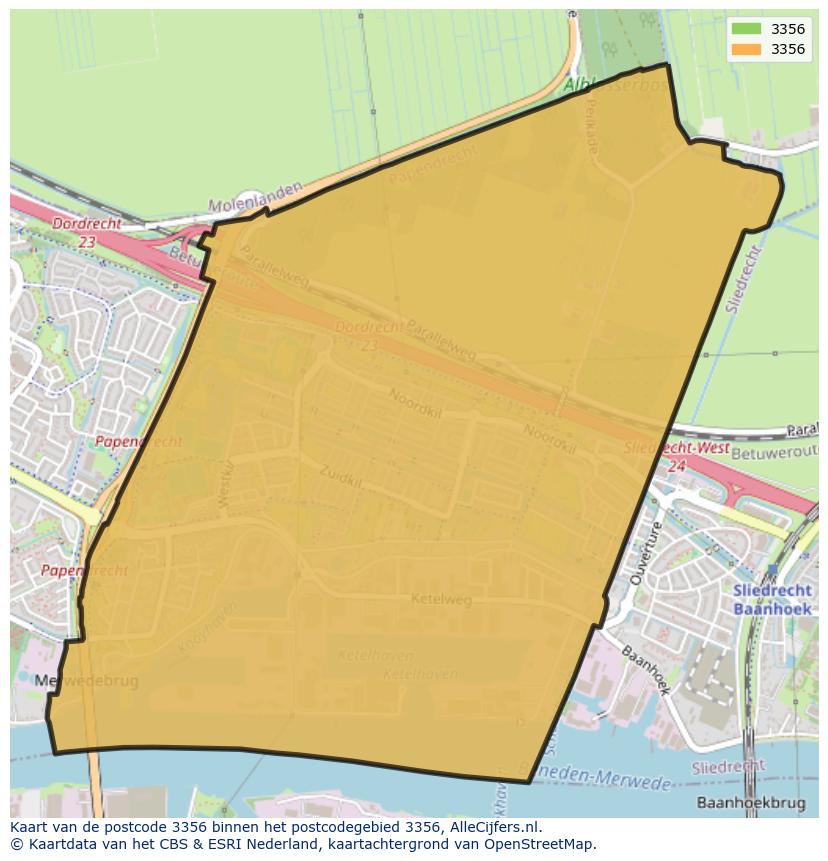 Afbeelding van het postcodegebied 3356 op de kaart.