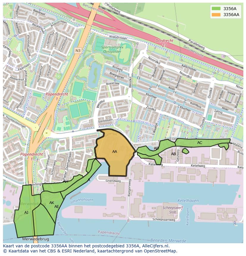 Afbeelding van het postcodegebied 3356 AA op de kaart.