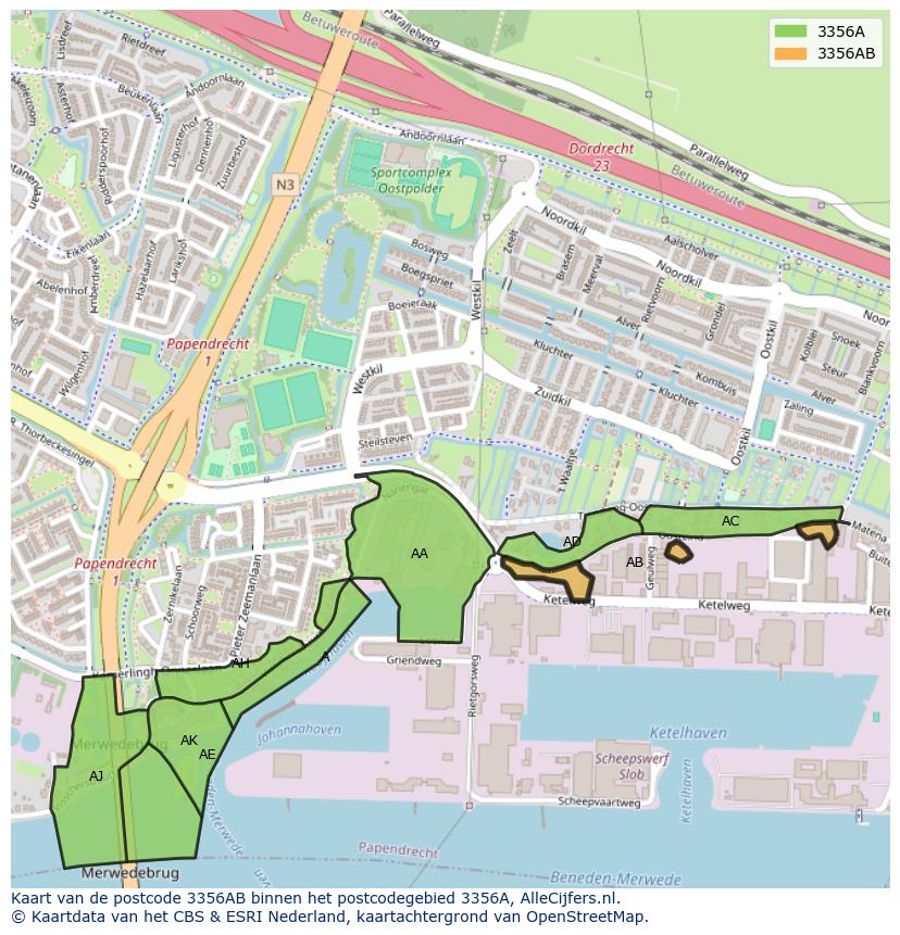 Afbeelding van het postcodegebied 3356 AB op de kaart.