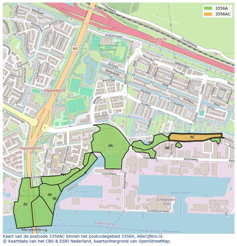 Afbeelding van het postcodegebied 3356 AC op de kaart.