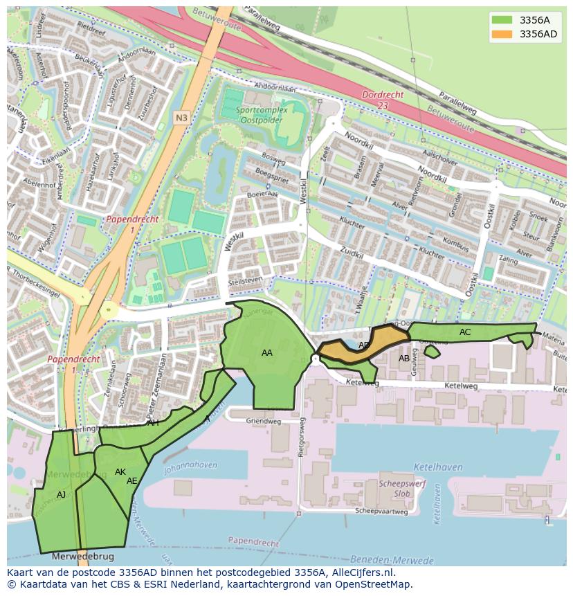 Afbeelding van het postcodegebied 3356 AD op de kaart.