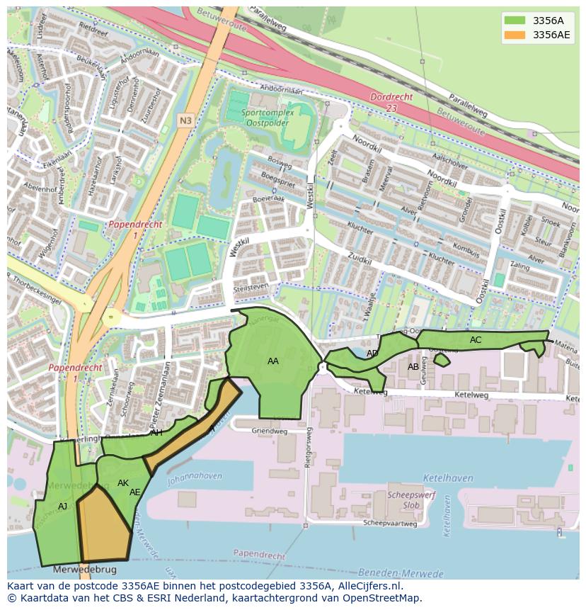 Afbeelding van het postcodegebied 3356 AE op de kaart.