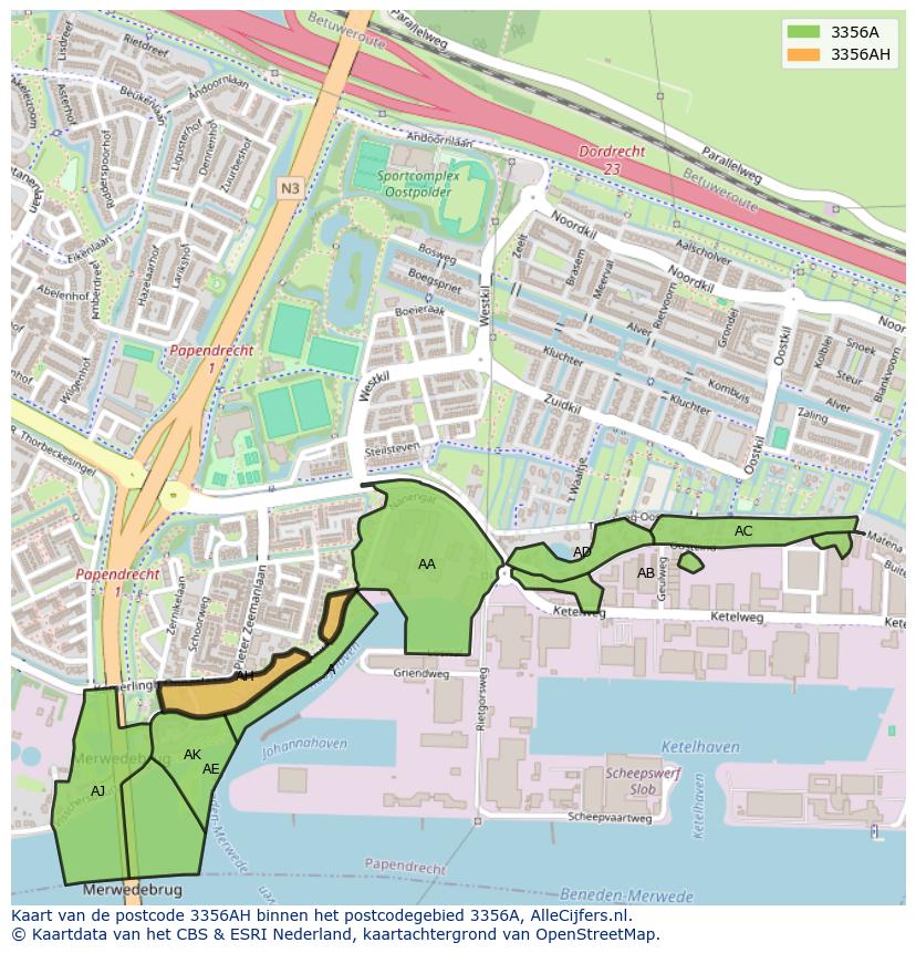 Afbeelding van het postcodegebied 3356 AH op de kaart.