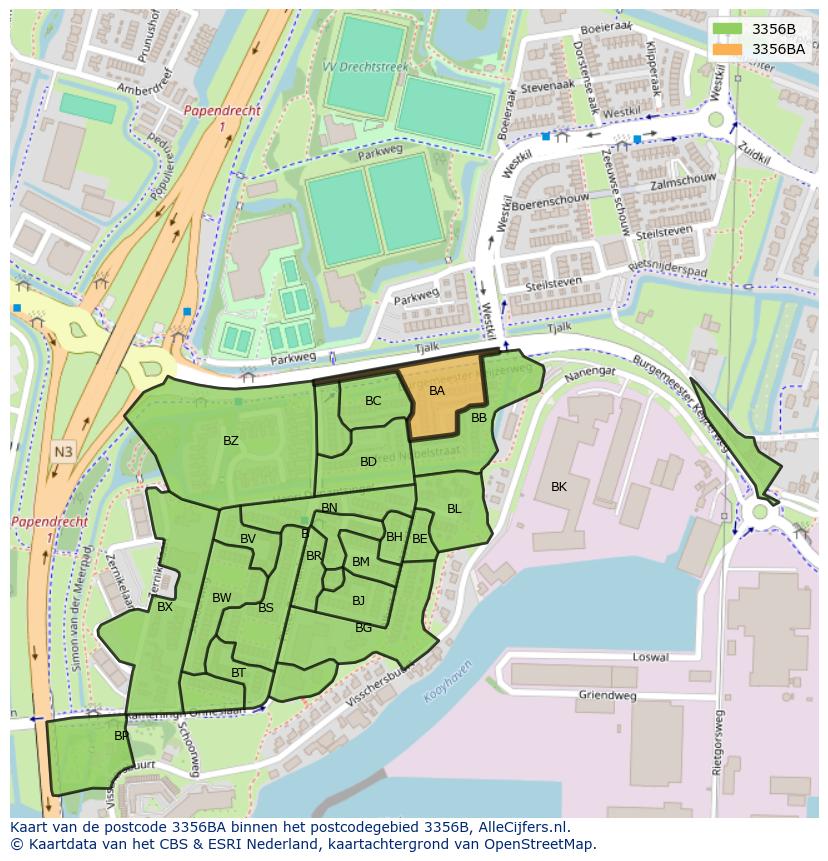 Afbeelding van het postcodegebied 3356 BA op de kaart.