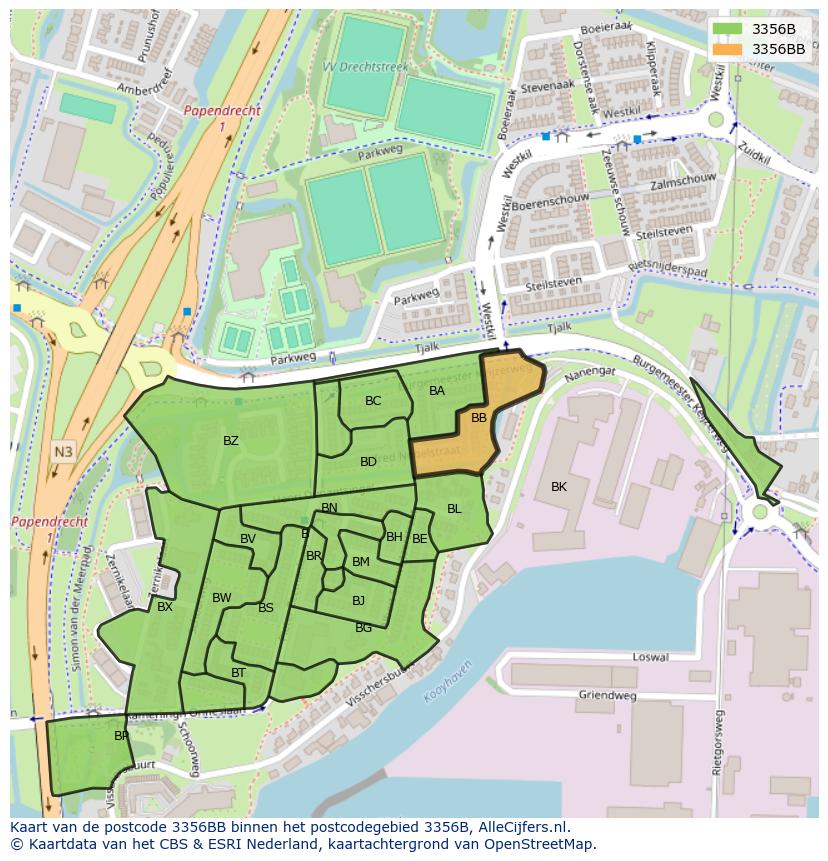 Afbeelding van het postcodegebied 3356 BB op de kaart.